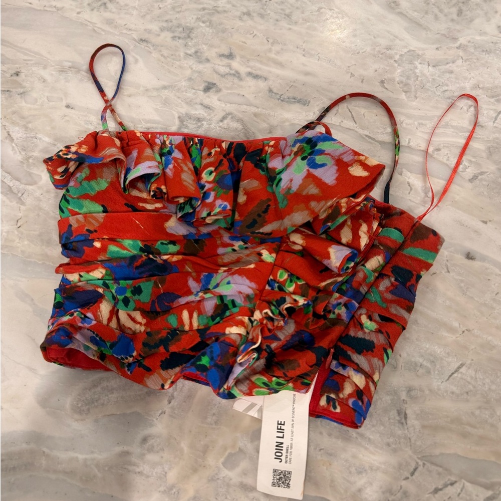 NWT Zara Red Ruffled Crop Top - Picture 1 of 3